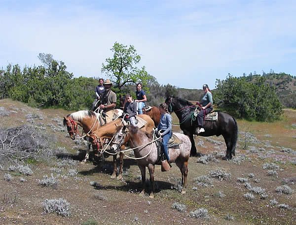 Riders on horseback in the spring hills of the Ranch